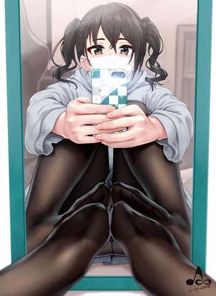 Anime picture 1200x1641 with idolmaster idolmaster cinderella girls sunazuka akira infinote single tall image looking at viewer fringe short hair light erotic black hair hair between eyes sitting twintails holding brown eyes signed bent knee (knees) indoors pleated skirt