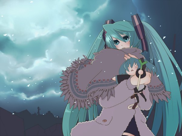 Anime picture 1500x1125 with vocaloid hatsune miku hachune miku long hair blush twintails green eyes sky cloud (clouds) green hair girl petals winter clothes