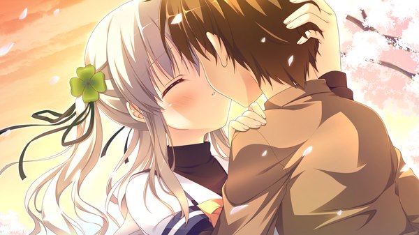 Anime picture 1280x720 with clover day's long hair blush short hair brown hair wide image game cg white hair eyes closed couple almost kiss girl boy ribbon (ribbons) hair ribbon petals