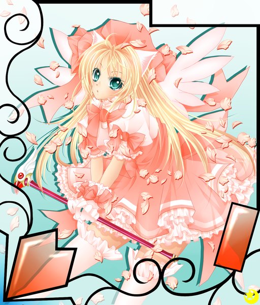 Anime picture 1280x1500 with original midzuki single long hair tall image looking at viewer blonde hair animal ears aqua eyes cat ears girl thighhighs dress gloves bow petals white thighhighs wings frills staff