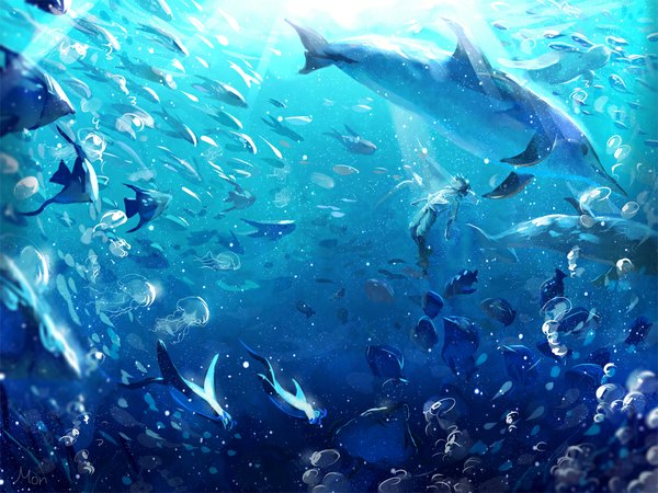 Anime picture 1024x768 with original mon single short hair black hair eyes closed barefoot sunlight no shoes underwater twisty sleeves boy animal shirt water bubble (bubbles) fish (fishes) jellyfish dolphin stingray