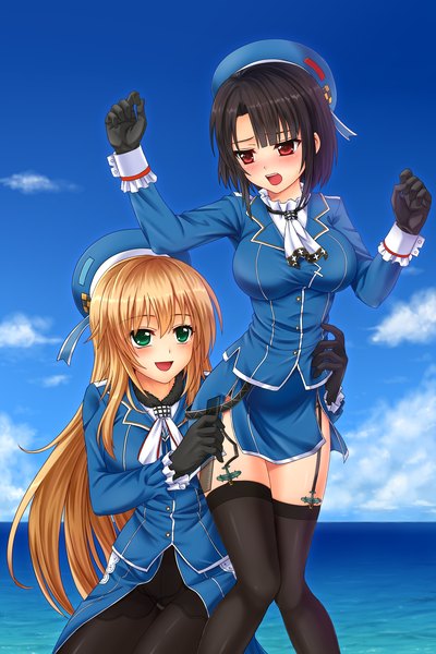 Anime picture 2200x3300 with kantai collection atago heavy cruiser takao heavy cruiser chien zero long hair tall image blush highres short hair open mouth black hair blonde hair red eyes multiple girls green eyes sky cloud (clouds) girl thighhighs dress