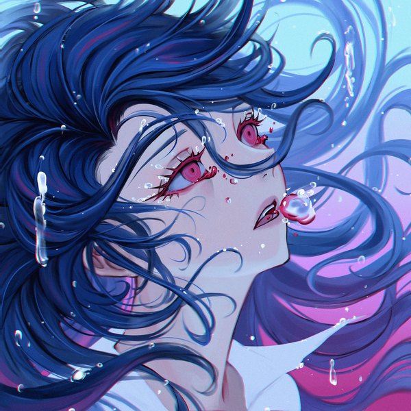 Anime picture 3000x3000 with original gweni single long hair fringe highres open mouth red eyes blue hair upper body gradient background floating hair looking up underwater bloody tears girl blood bubble (bubbles)