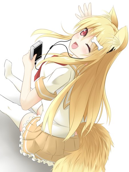Anime picture 2480x3300 with original xiaoguitle single long hair tall image looking at viewer blush highres open mouth simple background blonde hair red eyes white background sitting holding animal ears tail :d animal tail pleated skirt