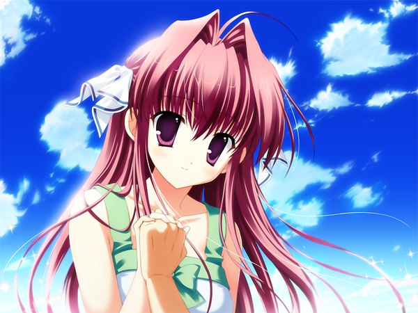 Anime picture 1200x900 with clear tsukimura miki fringe hair between eyes purple eyes pink hair game cg sky cloud (clouds) ahoge holding hands solo focus girl ribbon (ribbons) hair ribbon