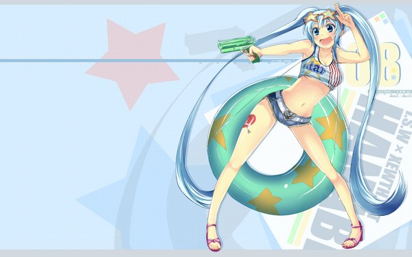 Anime picture 1920x1200 with i.s.w tagme (artist) highres blue eyes smile wide image twintails blue hair very long hair midriff tattoo wallpaper star print salute navel shorts star (symbol) sunglasses swim ring water gun