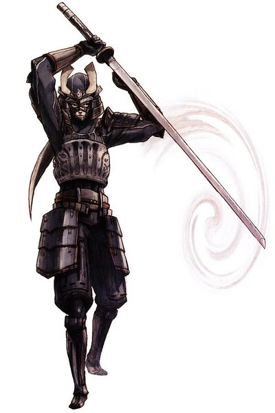 Anime picture 600x900 with tagme (artist) single long hair tall image black hair looking away lips arms up samurai gloves weapon sword armor katana mask huge weapon huge sword nodachi