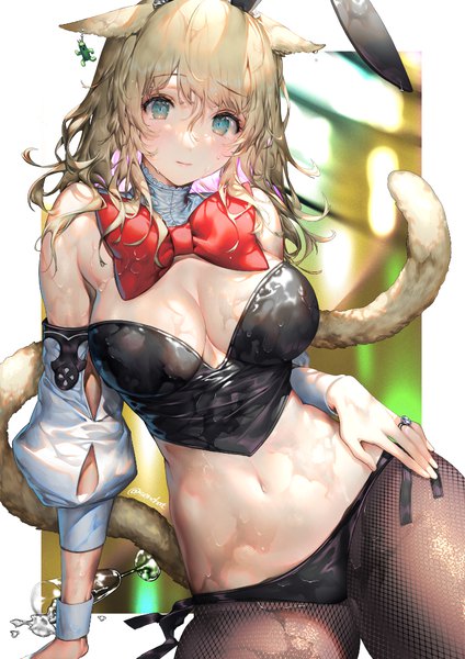 Anime picture 734x1038 with final fantasy final fantasy xiv square enix miqo'te senchat single long hair tall image looking at viewer blush fringe breasts light erotic blonde hair hair between eyes large breasts bare shoulders signed animal ears tail