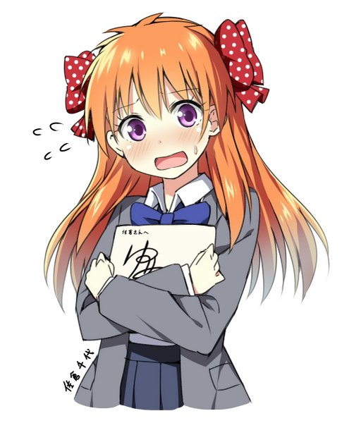 Anime picture 971x1200 with gekkan shoujo nozaki-kun doga kobo sakura chiyo sky-freedom single long hair tall image looking at viewer blush open mouth simple background white background purple eyes twintails holding orange hair character names polka dot girl uniform