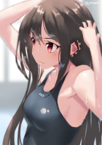 Anime picture 900x1273 with fate (series) fate/grand order yu mei-ren (fate) jonsun single long hair tall image blush fringe breasts light erotic black hair hair between eyes red eyes bare shoulders signed payot looking away upper body arms up