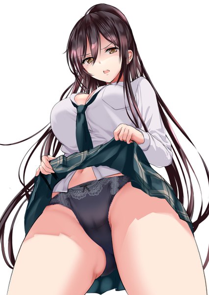 Anime picture 866x1220 with idolmaster idolmaster shiny colors shirase sakuya ponytail korosuke single long hair tall image looking at viewer blush fringe breasts open mouth light erotic black hair simple background hair between eyes large breasts white background yellow eyes payot