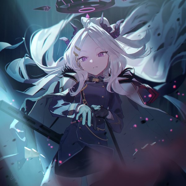 Anime picture 2500x2500 with blue archive hina (blue archive) omegu single looking at viewer highres purple eyes silver hair very long hair head tilt horn (horns) clothes on shoulders adjusting gloves girl gloves black gloves halo