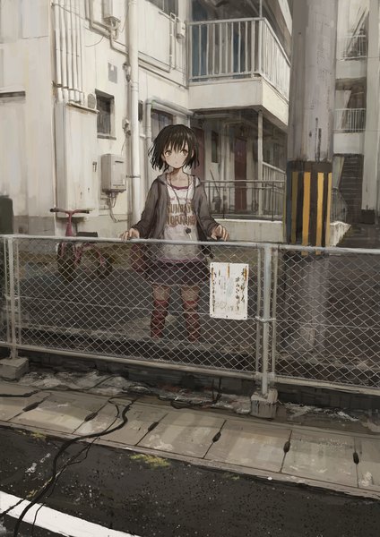 Anime picture 2000x2829 with original shion (mirudakemann) single tall image fringe highres short hair black hair hair between eyes standing brown eyes looking away outdoors long sleeves pleated skirt open jacket text clothes writing street against fence