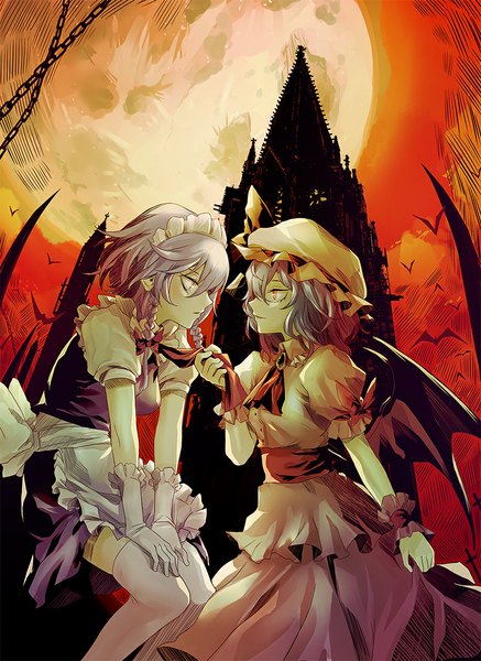 Anime picture 802x1100 with touhou remilia scarlet izayoi sakuya eredhen tall image short hair red eyes multiple girls sky braid (braids) profile grey hair maid twin braids bat wings red sky girl thighhighs gloves uniform