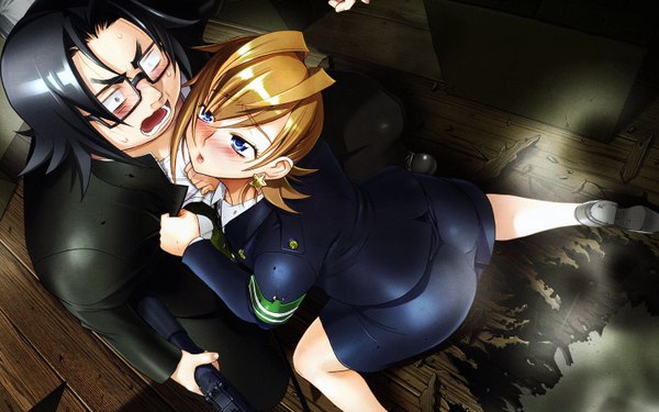 Anime picture 1440x900 with highschool of the dead madhouse hirano kohta nakaoka asami black hair blonde hair wide image couple fat girl boy uniform weapon earrings glasses