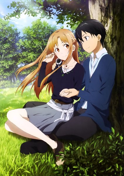 Anime picture 1594x2257 with sword art online a-1 pictures yuuki asuna kirigaya kazuto long hair tall image short hair black hair brown hair sitting brown eyes black eyes scan official art couple girl boy skirt plant (plants) tree (trees)