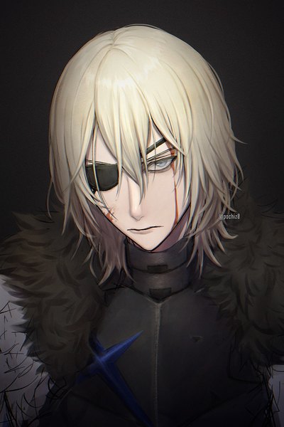 Anime picture 1200x1800 with fire emblem fire emblem: three houses nintendo dimitri alexandre blaiddyd pochiz0 single tall image looking at viewer fringe short hair blue eyes simple background blonde hair hair between eyes signed twitter username black background portrait blood on face boy