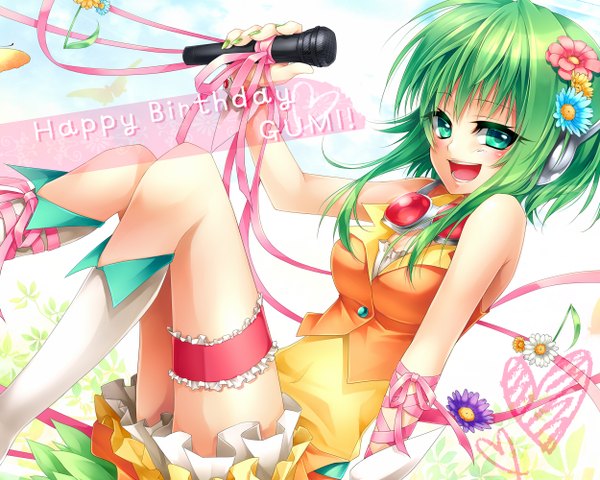 Anime picture 1250x1000 with vocaloid gumi ueno tsuki single looking at viewer blush short hair open mouth smile sitting bare shoulders green eyes hair flower green hair happy happy birthday girl hair ornament flower (flowers) ribbon (ribbons)