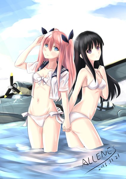Anime picture 2480x3507 with original allenes long hair tall image highres blue eyes light erotic black hair purple eyes multiple girls signed pink hair sky cloud (clouds) girl navel bow 2 girls swimsuit hair bow