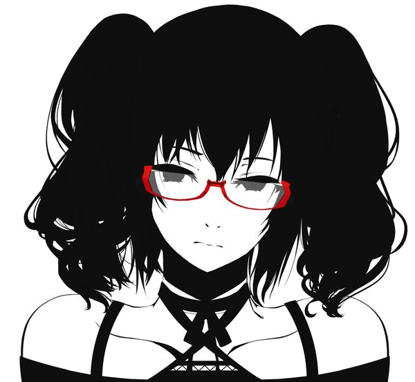 Anime picture 1900x1750 with rur (ml ruru) single long hair looking at viewer fringe highres black hair simple background white background twintails bare shoulders black eyes monochrome girl choker glasses