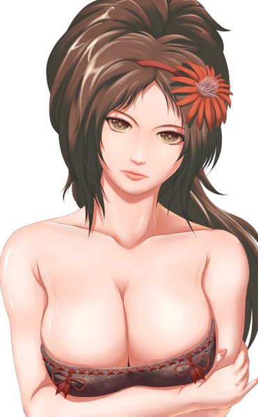 Anime picture 826x1333 with sengoku musou kaihime harihisa single long hair tall image looking at viewer breasts light erotic simple background brown hair large breasts white background bare shoulders brown eyes hair flower girl hair ornament flower (flowers)