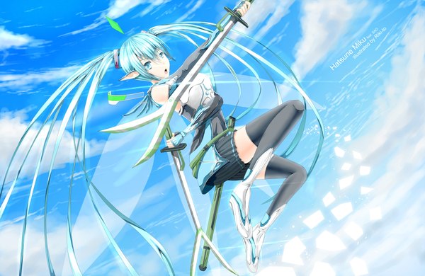 Anime picture 4050x2637 with vocaloid hatsune miku riki-to single highres open mouth absurdres sky cloud (clouds) braid (braids) very long hair aqua eyes pointy ears aqua hair inscription twin braids girl thighhighs weapon black thighhighs