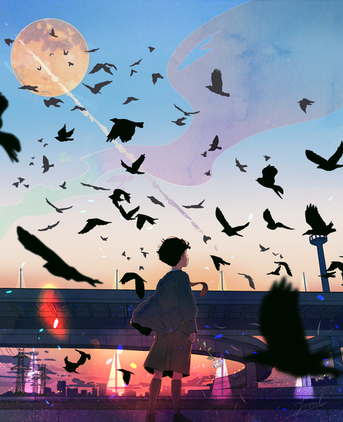 Anime picture 1786x2200 with original n y single tall image highres short hair black hair standing holding signed sky full body wind from behind blurry city evening sunset cityscape glow