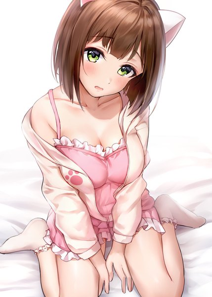 Anime picture 1464x2048 with idolmaster idolmaster cinderella girls maekawa miku takeashiro single tall image looking at viewer blush fringe short hair breasts open mouth light erotic simple background brown hair white background sitting green eyes animal ears cleavage