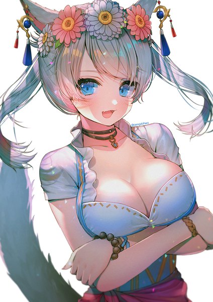 Anime picture 1061x1500 with final fantasy final fantasy xiv square enix miqo'te hanato (seonoaiko) single long hair tall image looking at viewer breasts open mouth blue eyes light erotic simple background large breasts white background twintails animal ears cleavage silver hair