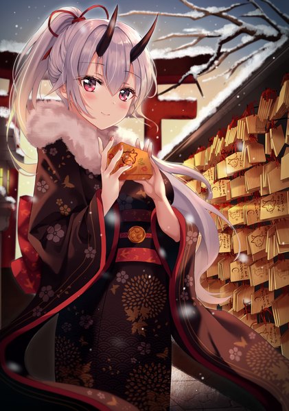 Anime picture 3300x4700 with fate (series) fate/grand order tomoe gozen (fate) shaffelli single long hair tall image blush fringe highres hair between eyes holding absurdres silver hair outdoors ponytail nail polish traditional clothes japanese clothes pink eyes