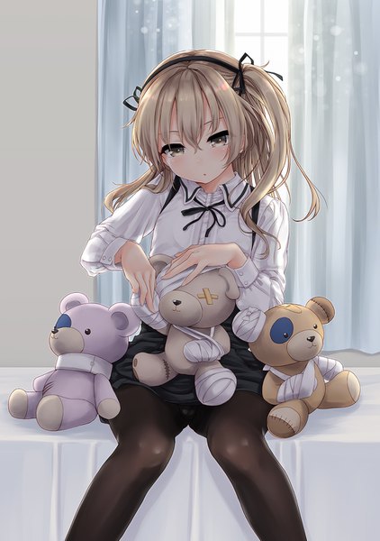 Anime picture 1040x1477 with girls und panzer shimada arisu boko (girls und panzer) harino646 single tall image looking at viewer blush fringe light erotic blonde hair hair between eyes sitting holding brown eyes ponytail indoors :o pantyshot side ponytail