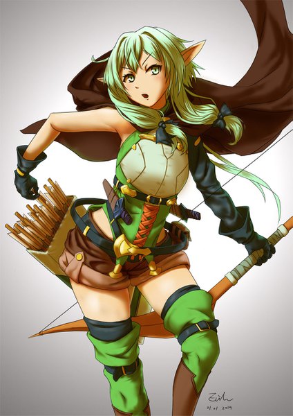 Anime picture 923x1305 with goblin slayer! high elf archer (goblin slayer!) zuilon single tall image looking at viewer fringe breasts open mouth simple background hair between eyes standing holding green eyes signed payot head tilt green hair pointy ears :o