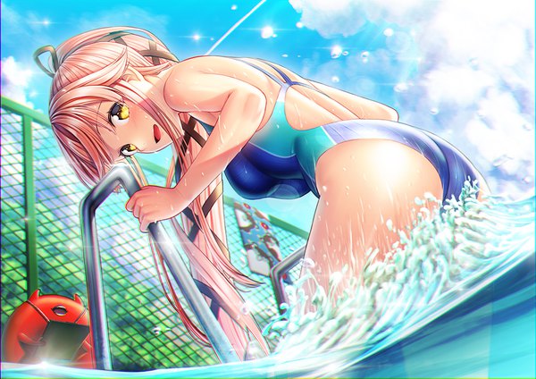 Anime picture 990x700 with kantai collection yura light cruiser enemy lifebuoy (kantai collection) bokukawauso unowen single long hair looking at viewer blush fringe breasts open mouth light erotic smile bare shoulders yellow eyes payot pink hair sky cloud (clouds)