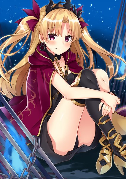 Anime picture 752x1062 with fate (series) fate/grand order ereshkigal (fate) komori kuzuyu single long hair tall image looking at viewer blush fringe light erotic blonde hair sitting purple eyes light smile high heels two side up crossed legs girl thighhighs