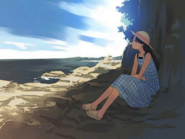 Anime picture 1024x768 with tagme (artist) long hair black hair sitting bare shoulders sky beach dress hat sea straw hat sandals