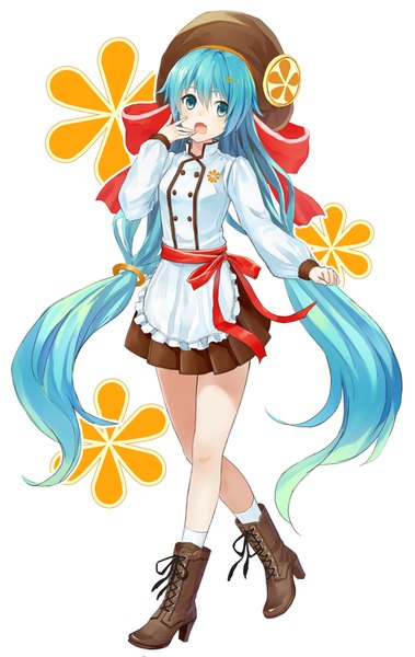 Anime picture 632x1000 with vocaloid hatsune miku haru (hiyori-kohal) single tall image fringe open mouth hair between eyes white background twintails looking away full body long sleeves very long hair pleated skirt aqua eyes aqua hair fang (fangs) high heels low twintails