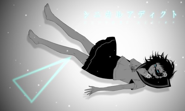 Anime picture 2425x1465 with vocaloid gumi ohagi (ymnky) single long hair looking at viewer highres black hair wide image lying aqua eyes wind inscription grey background no shoes hieroglyph monochrome flying legs up girl