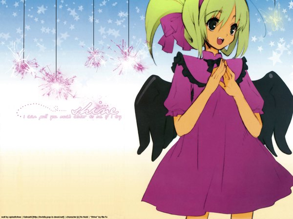 Anime picture 1600x1200 with itou noiji single long hair open mouth blonde hair standing looking away :d black eyes wallpaper black wings fingers together folded ponytail girl dress wings bowtie purple dress