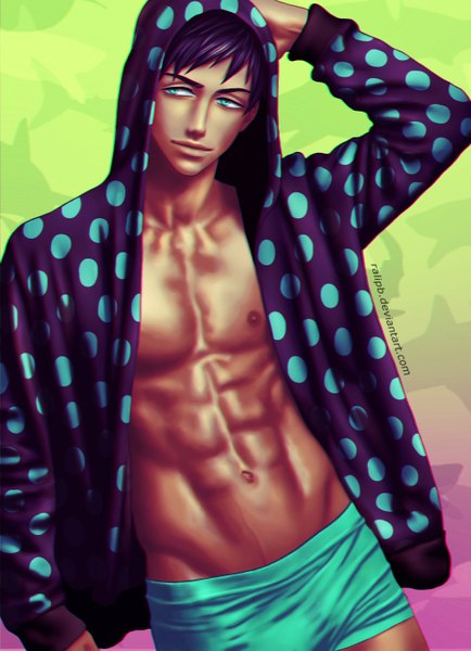 Anime picture 1024x1414 with free! kyoto animation yamazaki sosuke ralipb single tall image short hair blue eyes light erotic signed purple hair hand on head muscle polka dot green background tan boy navel hood hoodie