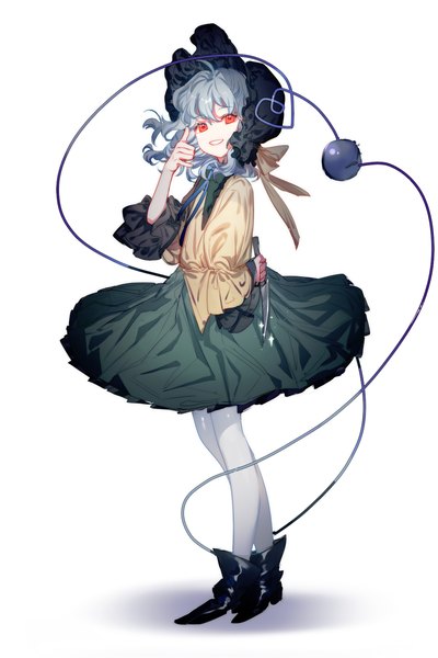 Anime picture 1200x1800 with touhou komeiji koishi tian (my dear) single tall image looking at viewer short hair simple background smile standing white background silver hair full body ahoge grin arm behind back heart of string girl skirt hat
