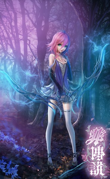 Anime picture 827x1339 with mythology fufu single tall image looking at viewer fringe short hair hair between eyes green eyes pink hair ahoge outdoors zettai ryouiki lipstick text glowing hieroglyph hand on chest pink lipstick frilly skirt