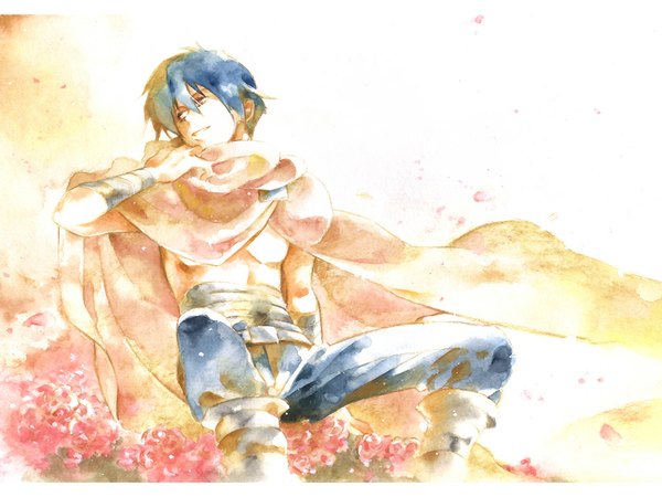 Anime picture 1024x768 with tengen toppa gurren lagann gainax simon akutsu (yuumi) short hair smile blue hair boy flower (flowers) cloak