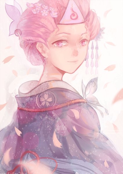Anime picture 1000x1414 with touhou saigyouji yuyuko zicai tang single tall image looking at viewer short hair pink hair traditional clothes japanese clothes pink eyes looking back light smile portrait alternate hairstyle girl hair ornament petals kimono insect