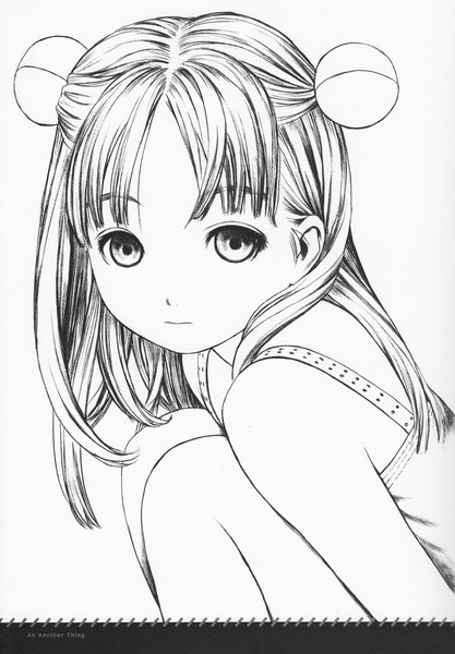 Anime picture 1112x1600 with original range murata single long hair tall image looking at viewer simple background sitting bare shoulders scan bare legs loli traditional media lineart graphite (medium) girl dress hair ornament hair tie hair bobbles