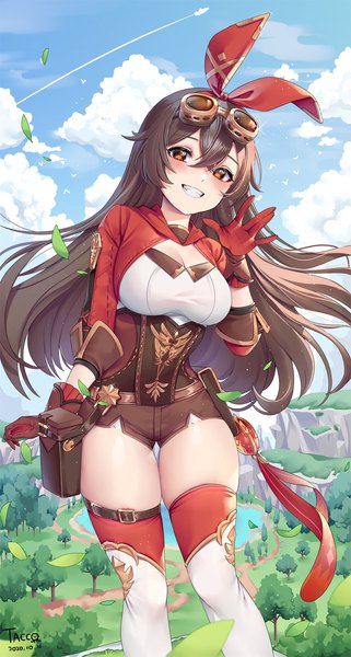 Anime picture 1200x2243 with genshin impact amber (genshin impact) tacco (tikeworld) single long hair tall image looking at viewer blush fringe smile hair between eyes brown hair standing brown eyes signed sky cloud (clouds) outdoors wind grin