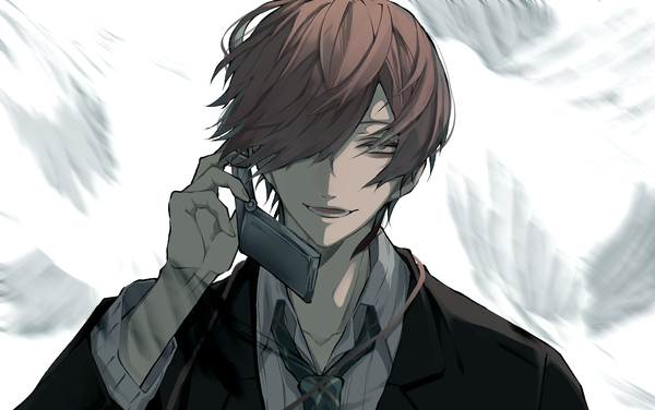 Anime picture 2300x1445 with hypnosis mic kannonzaka doppo yuzunonicomi single looking at viewer fringe highres short hair open mouth brown hair upper body hair over one eye boy necktie mobile phone