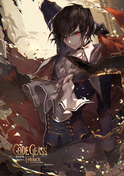 Anime-Bild 638x900 mit code geass sunrise (studio) lelouch lamperouge kawacy single tall image looking at viewer fringe short hair smile hair between eyes red eyes brown hair standing holding head tilt lips hair over one eye copyright name glowing