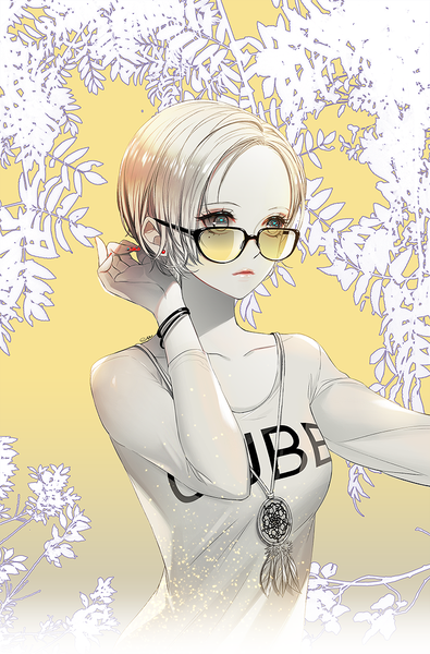 Anime picture 720x1092 with original eu (euspia) single tall image short hair blue eyes blonde hair looking away upper body nail polish outstretched arm adjusting hair red nail polish polychromatic nail art girl earrings glasses bracelet pendant