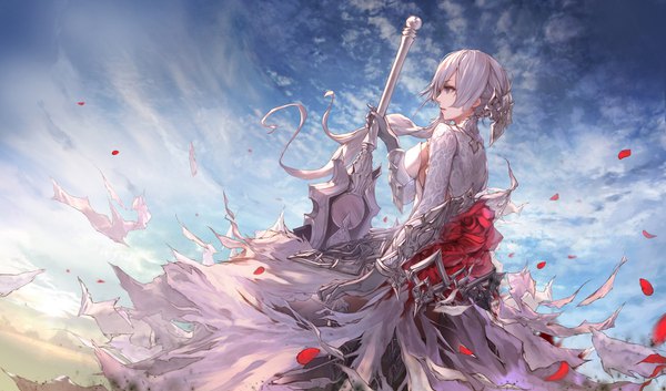 Anime picture 1697x1000 with sinoalice snow white (sinoalice) jname single long hair breasts blue eyes wide image holding looking away sky silver hair cloud (clouds) profile torn clothes girl dress gloves hair ornament weapon