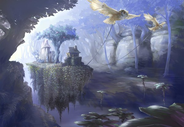 Anime picture 1110x768 with cb (artist) landscape river floating island plant (plants) animal tree (trees) water food bird (birds) fruit apple house island owl